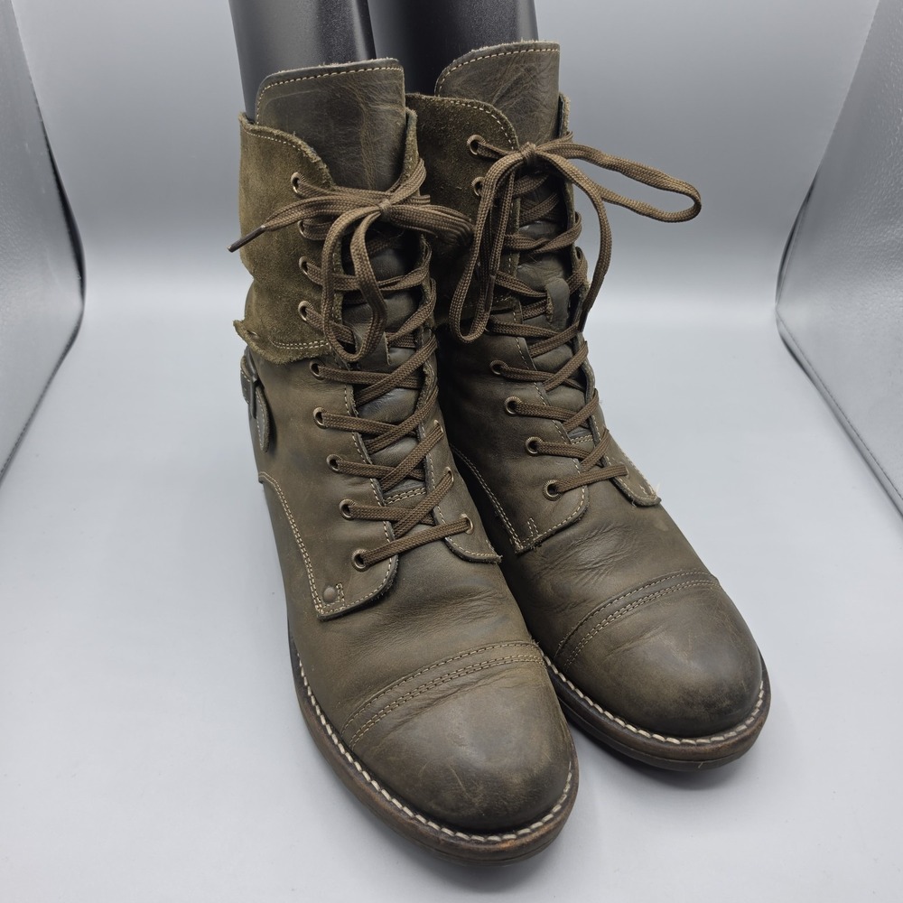 Taos Crave Boots Womens Size 41 Green Leather Combat Lace Up Block Heel Zipper